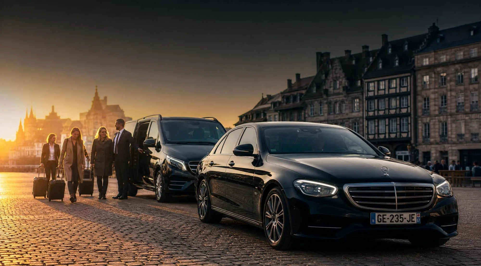 Berline Mercedes Classe E Elite Driver au premier plan, chauffeur accueillant des passagères et leurs valises devant un van, au coucher du soleil