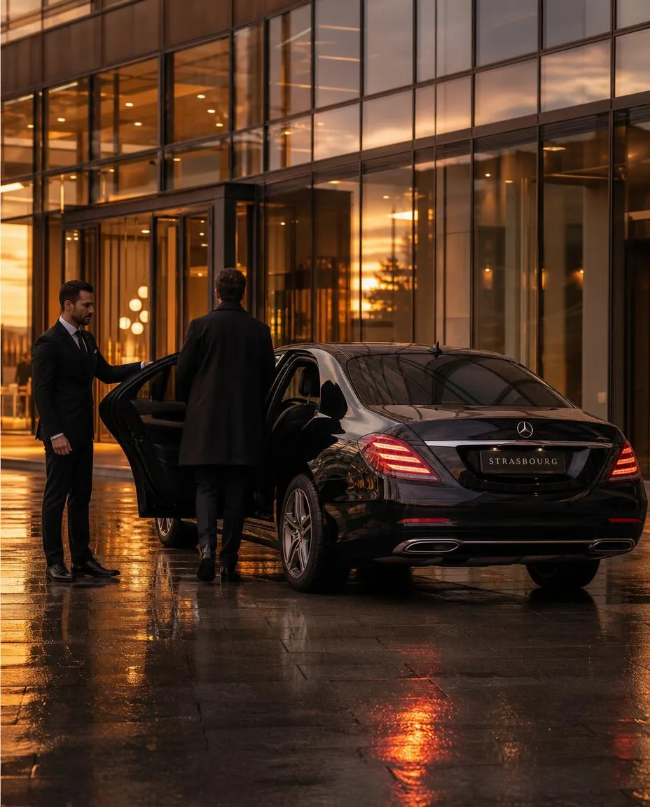Chauffeur Elite Driver ouvrant la portière d'une berline pour un rendez-vous d'affaires à Strasbourg
