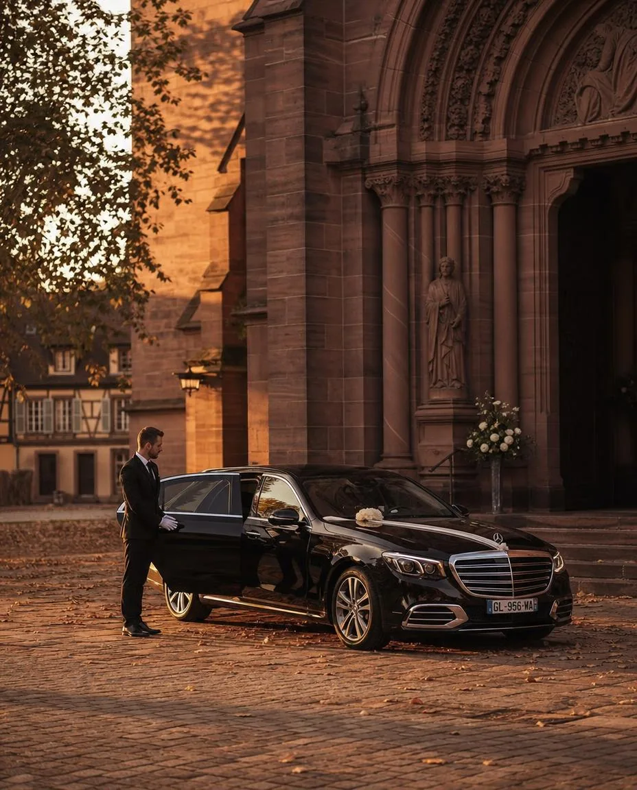 Chauffeur Elite Driver devant une berline décorée de rubans blancs, au pied d'une église
