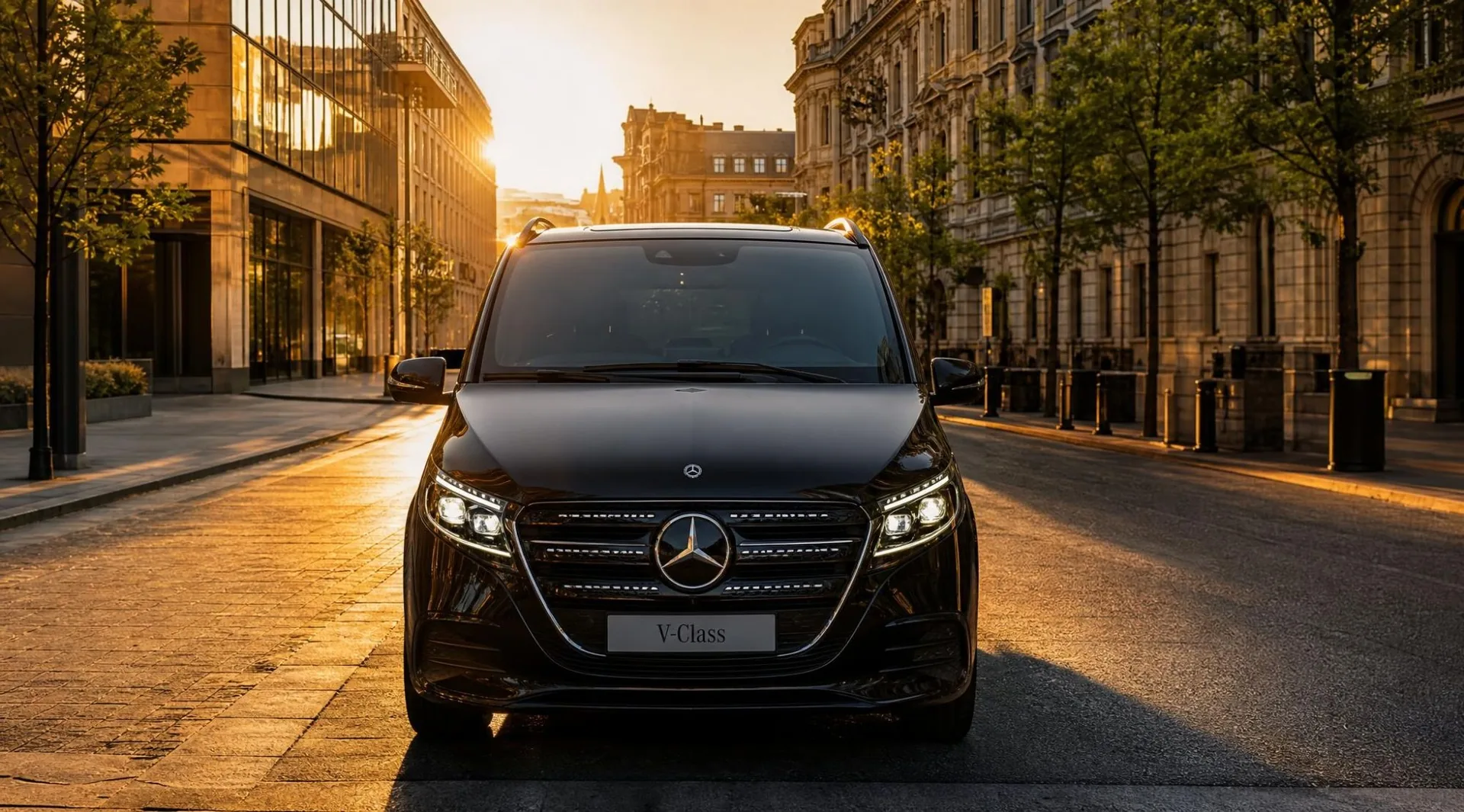 Van Mercedes Classe V d'Elite Driver dans une avenue au soleil couchant