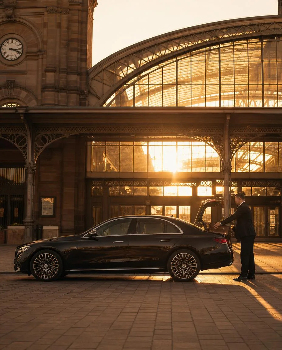 Chauffeur Elite Driver chargeant les bagages dans le coffre d'une berline devant la gare