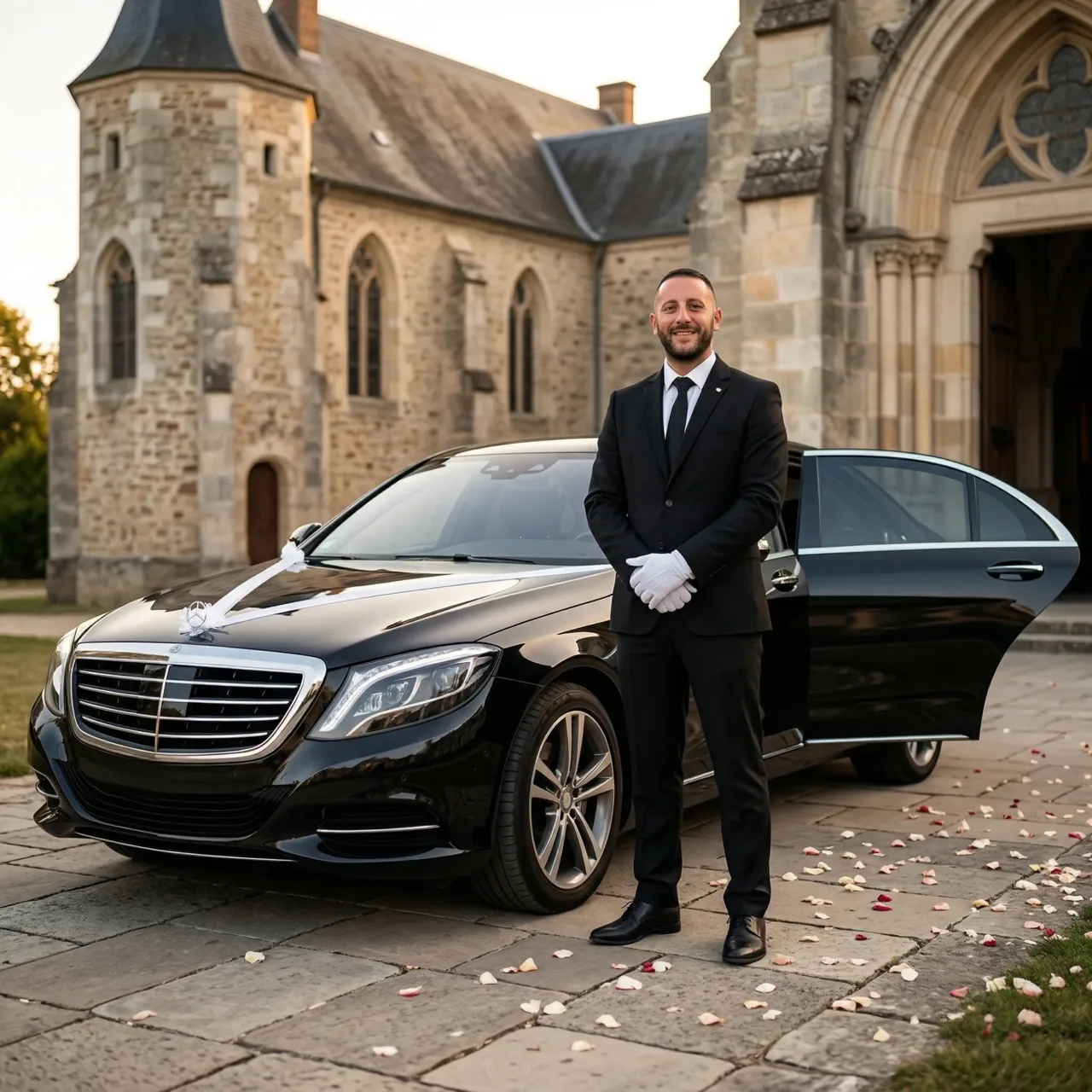 Chauffeur privé mariage Alsace Mercedes devant une église