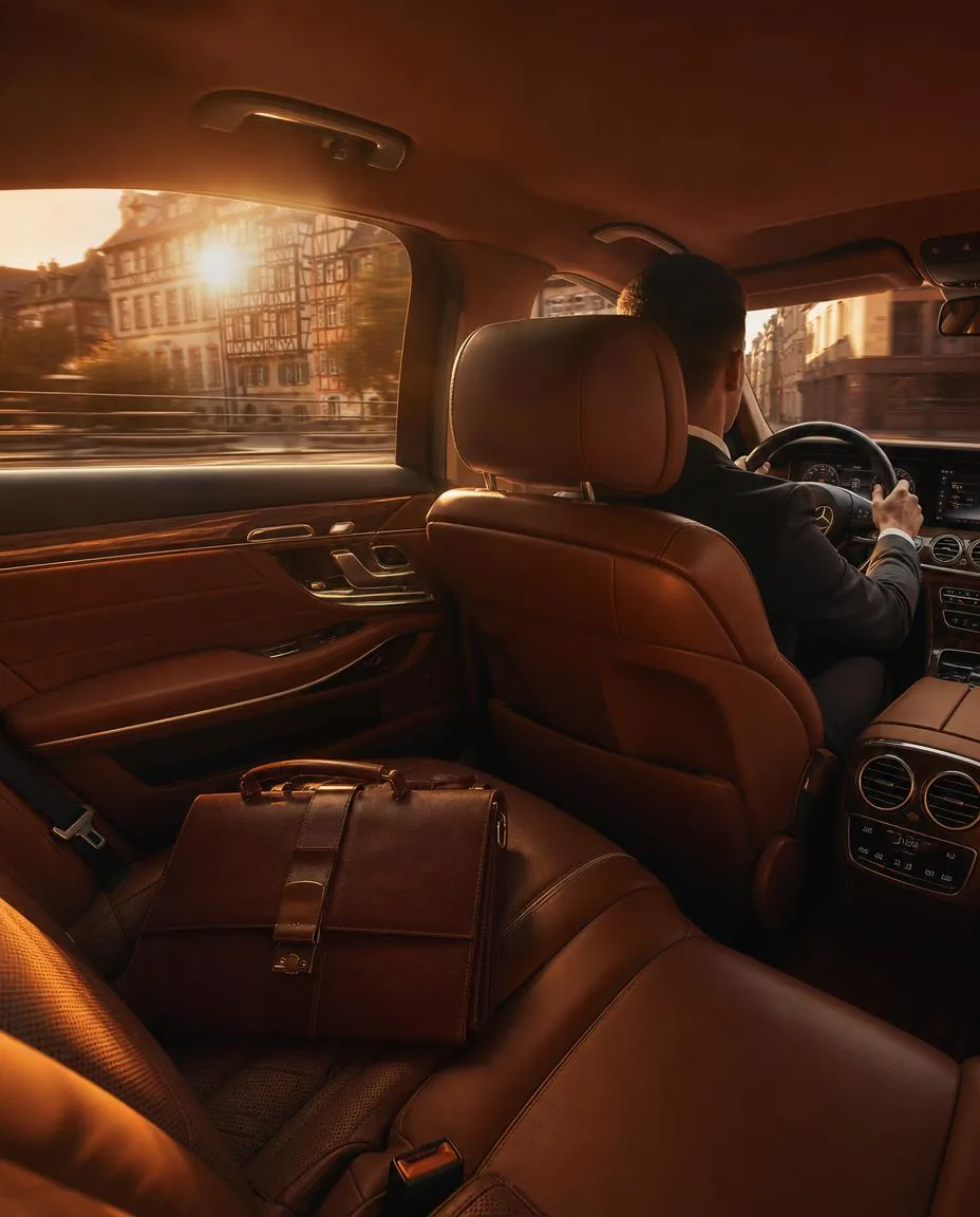 Banquette arrière en cuir d'un véhicule Elite Driver, porte-documents posé, chauffeur au volant dans Strasbourg