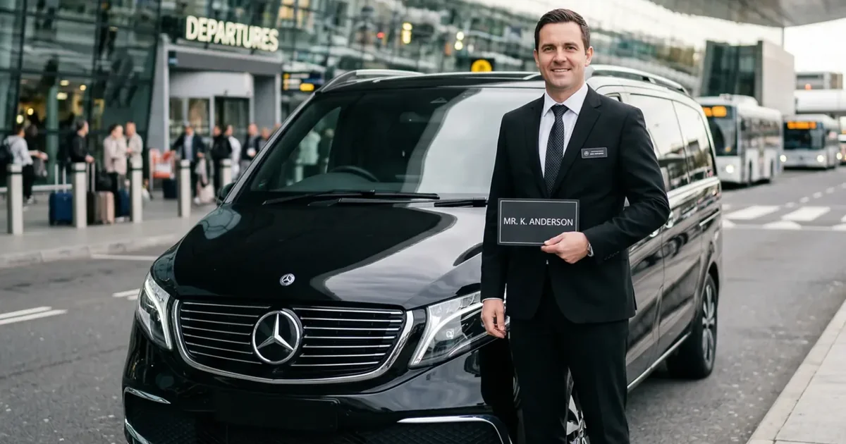 Chauffeur Elite Driver attendant un voyageur avec une pancarte à son nom devant le hall des départs