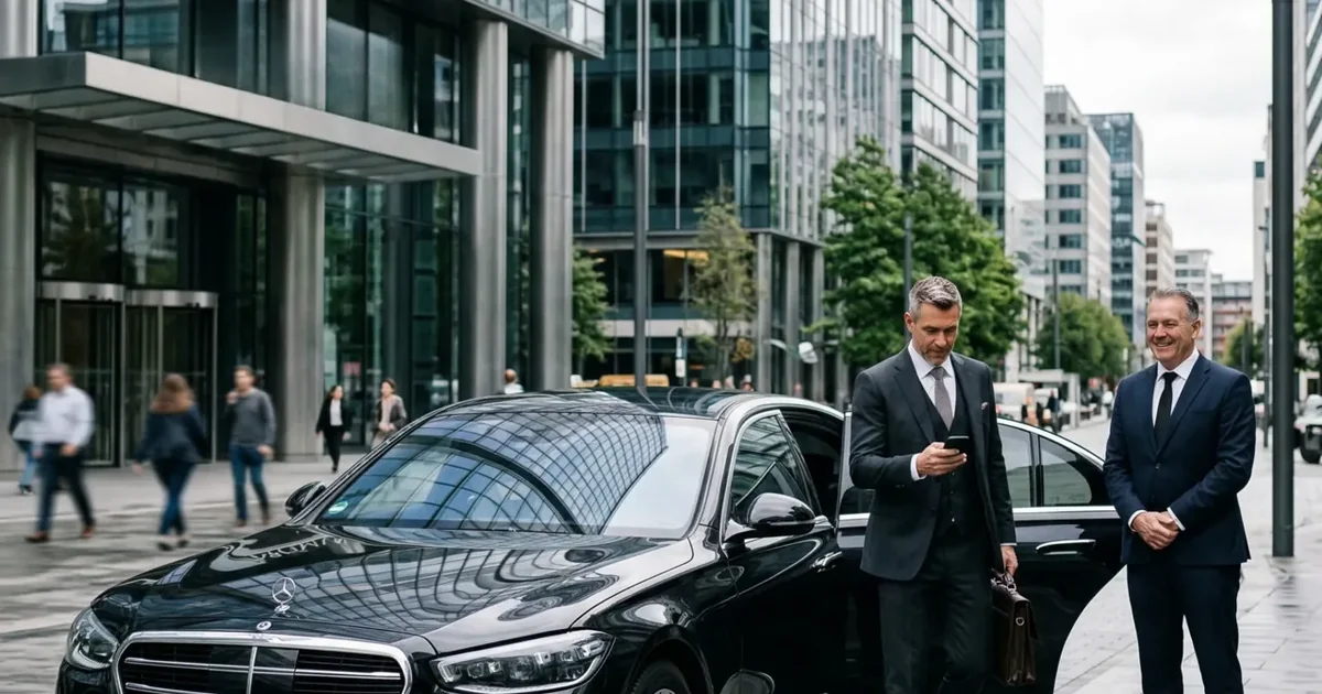 Berline Elite Driver devant un quartier d'affaires, voyageurs prêts à partir