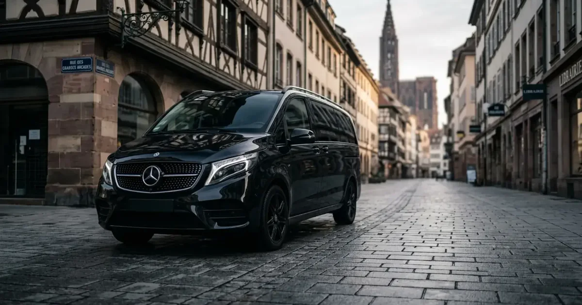 Van Elite Driver dans une rue pavée du centre de Strasbourg, cathédrale en arrière-plan