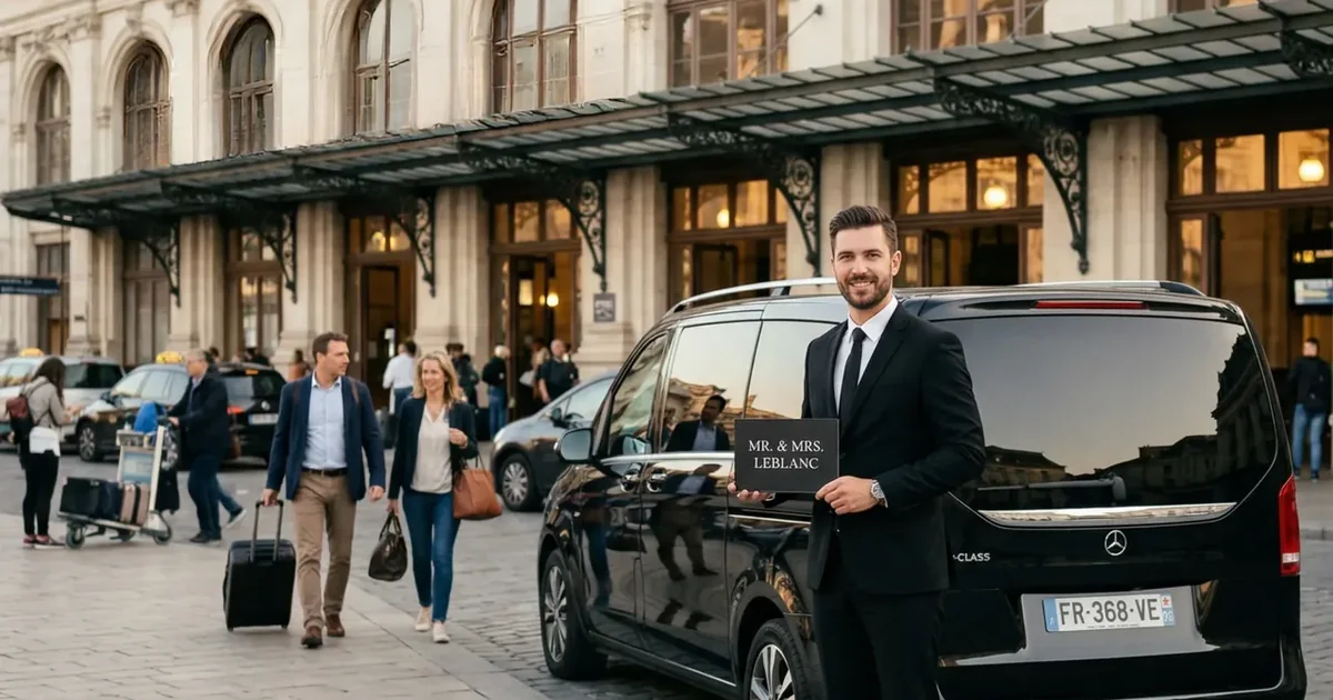 Chauffeur Elite Driver accueillant des voyageurs avec une pancarte à leur nom devant une gare