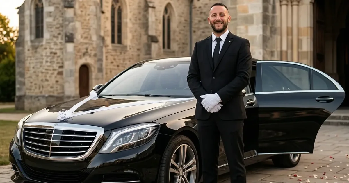 Chauffeur Elite Driver en gants blancs devant une berline de mariage enrubannée