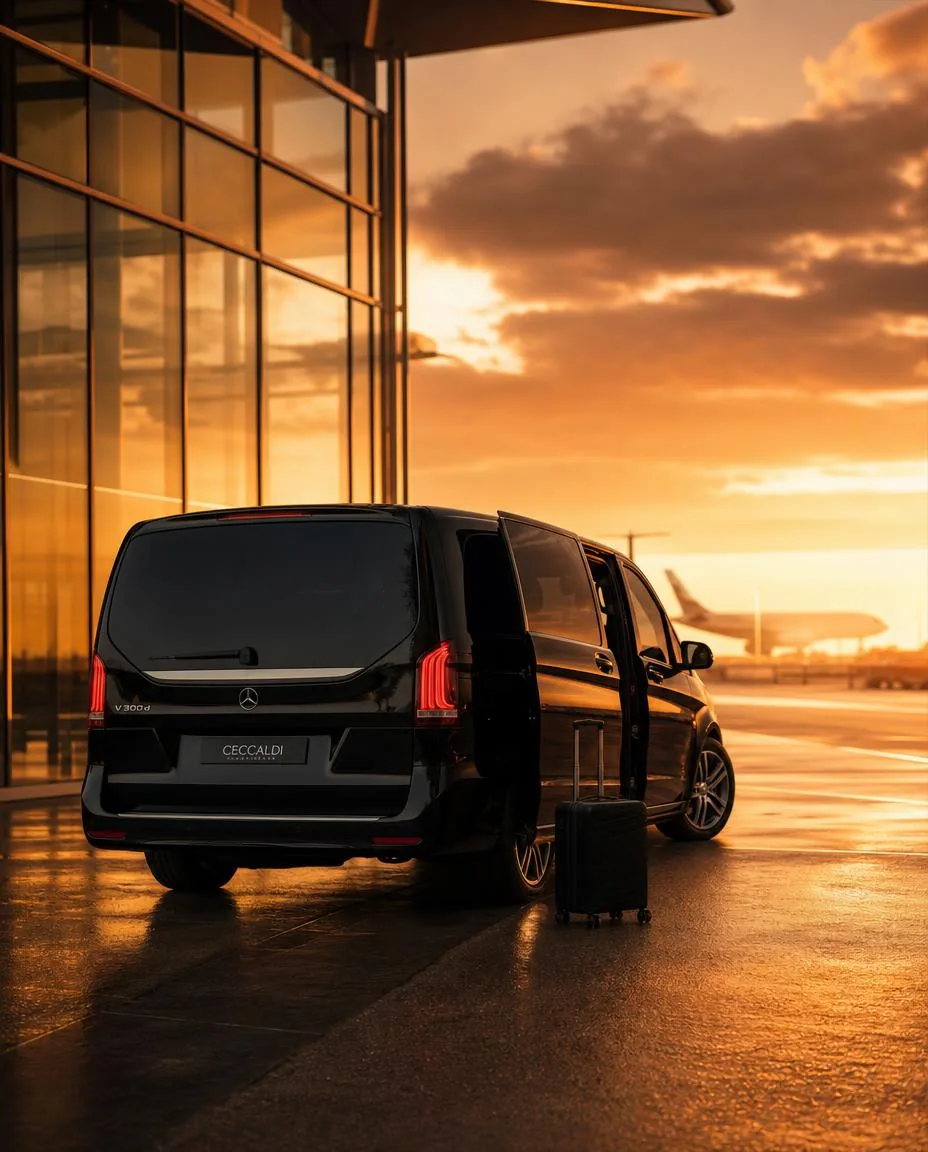 Van Elite Driver devant un terminal au coucher du soleil, pour un transfert vers l'aéroport de Stuttgart