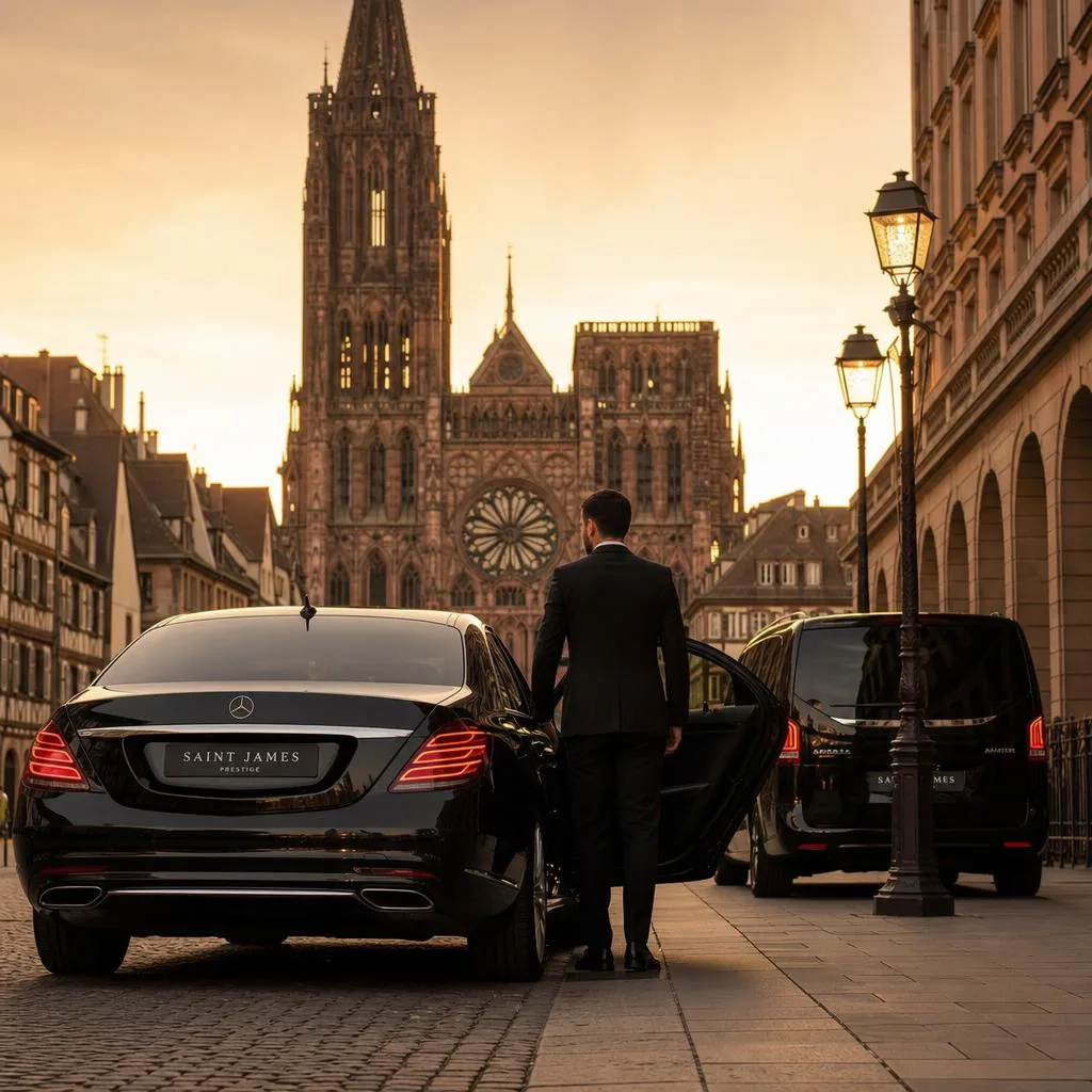 Chauffeur Elite Driver ouvrant la portière d'une berline, van en retrait, face à la cathédrale de Strasbourg au coucher du soleil