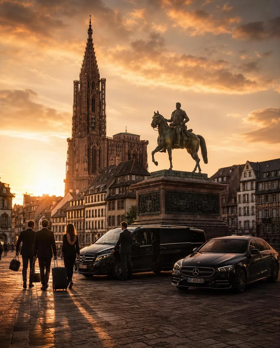 Voyageurs et bagages rejoignant un van et une berline Elite Driver au pied de la cathédrale de Strasbourg