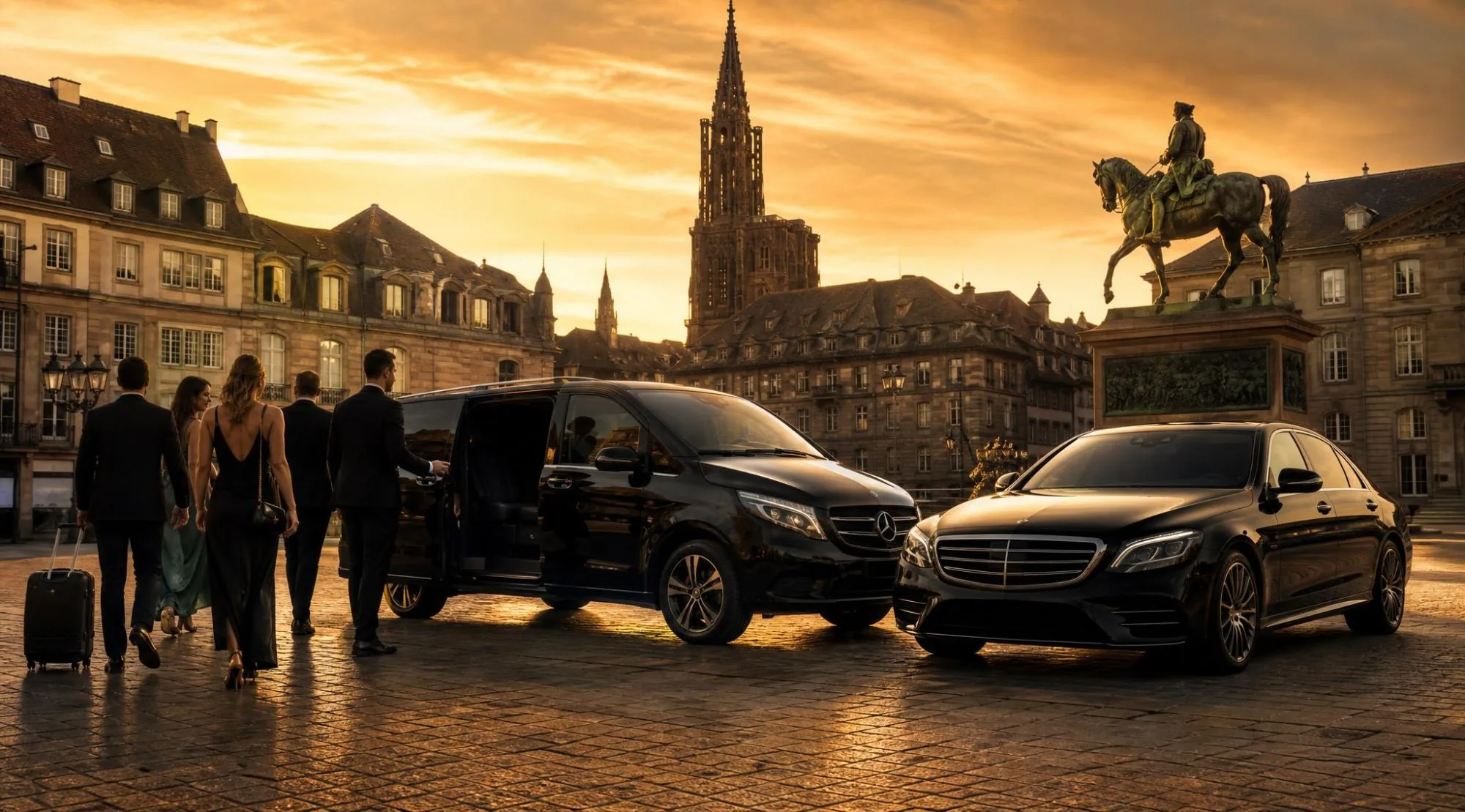 Voyageurs et valises rejoignant un van Elite Driver porte ouverte, berline à côté, au pied de la cathédrale de Strasbourg