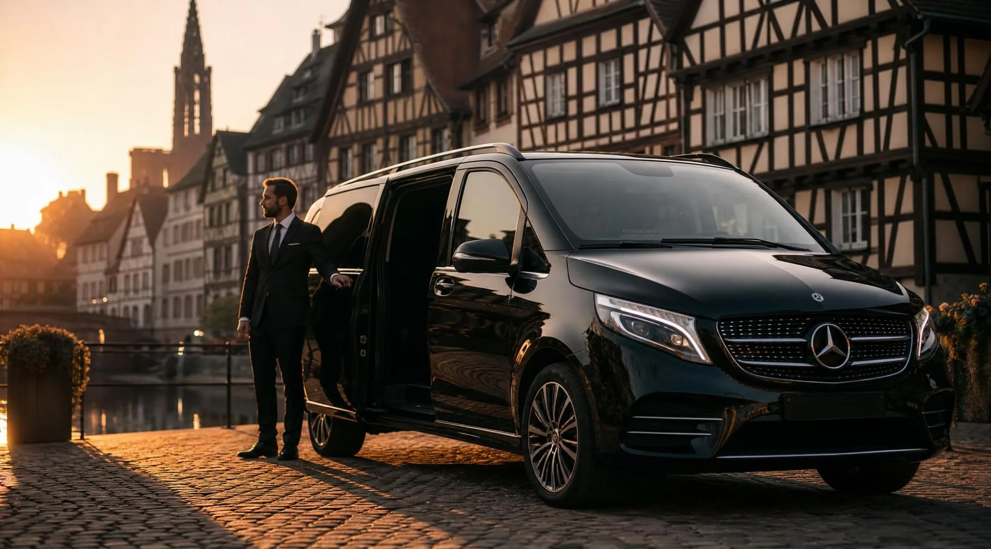 Chauffeur Elite Driver devant un van Mercedes Classe V porte ouverte, maisons à colombages de la Petite France à Strasbourg