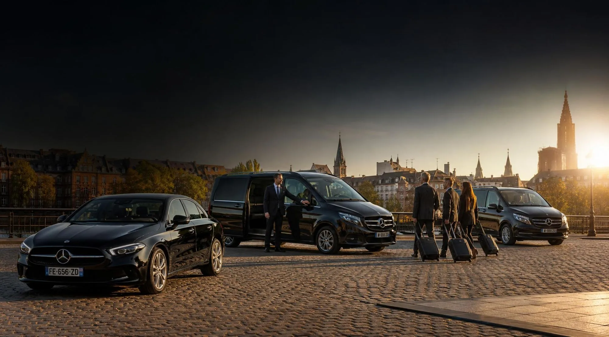 Chauffeur Elite Driver ouvrant la porte d'un van à des voyageurs avec leurs valises, berline et second van à côté, cathédrale de Strasbourg au loin